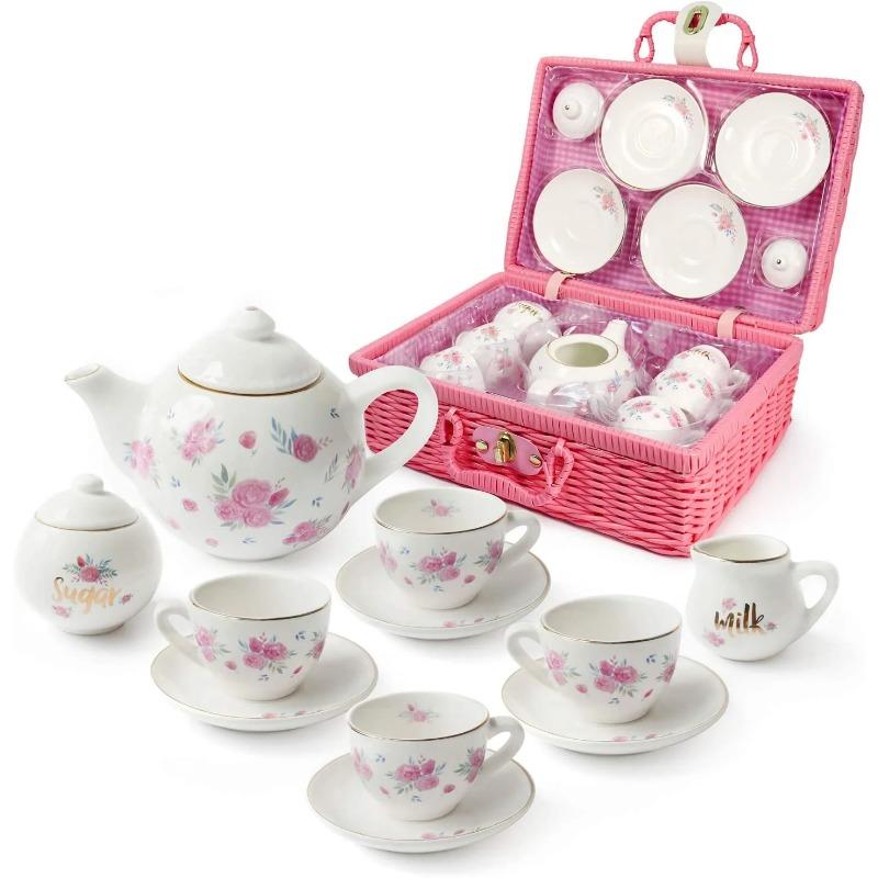 Servizio da tè in porcellana per bambine con cestino da picnic rosa, design floreale, 13 pezzi