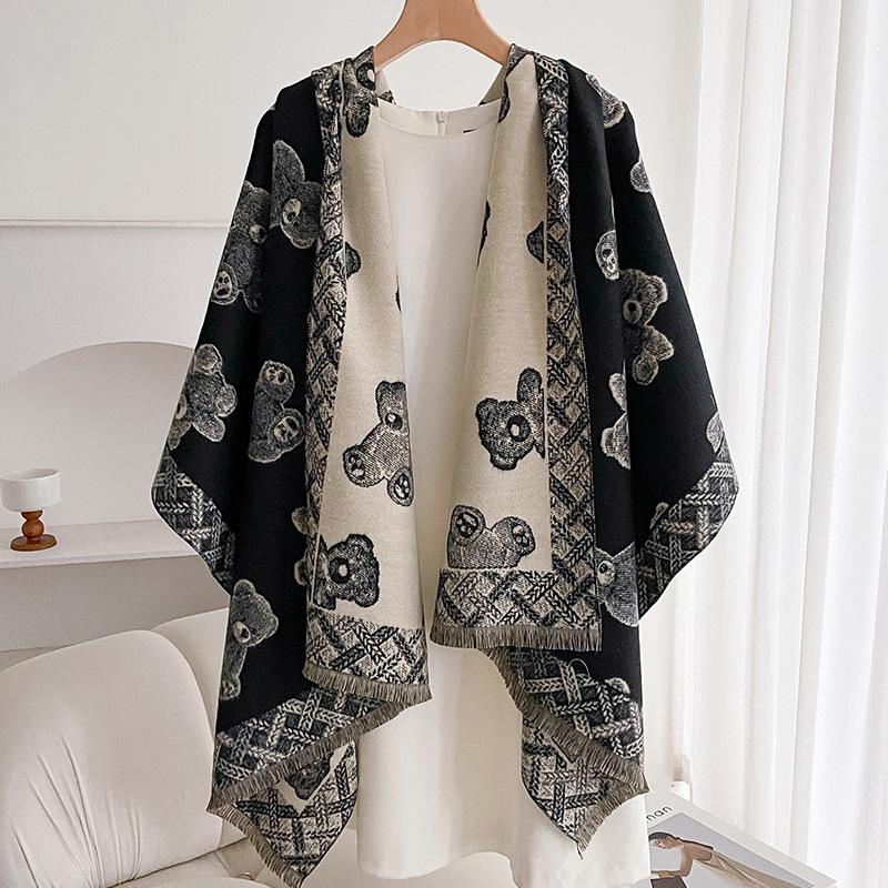 Cute bear gray scarf women's winter warm versatile imitation cashmere high-end scarf student thickened shawl