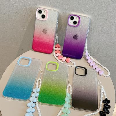 Capa de celular com gradiente de glitter para iPhone 14 13 12 11 Pro Max, proteção de câmera dupla face, capa transparente e macia IMD com pulseira