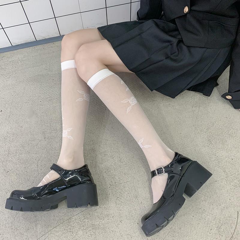 Spring Thin Ladies Black Jacquard Love Calf Socks, Japanese Jk Style Knee Socks Lolita Silk