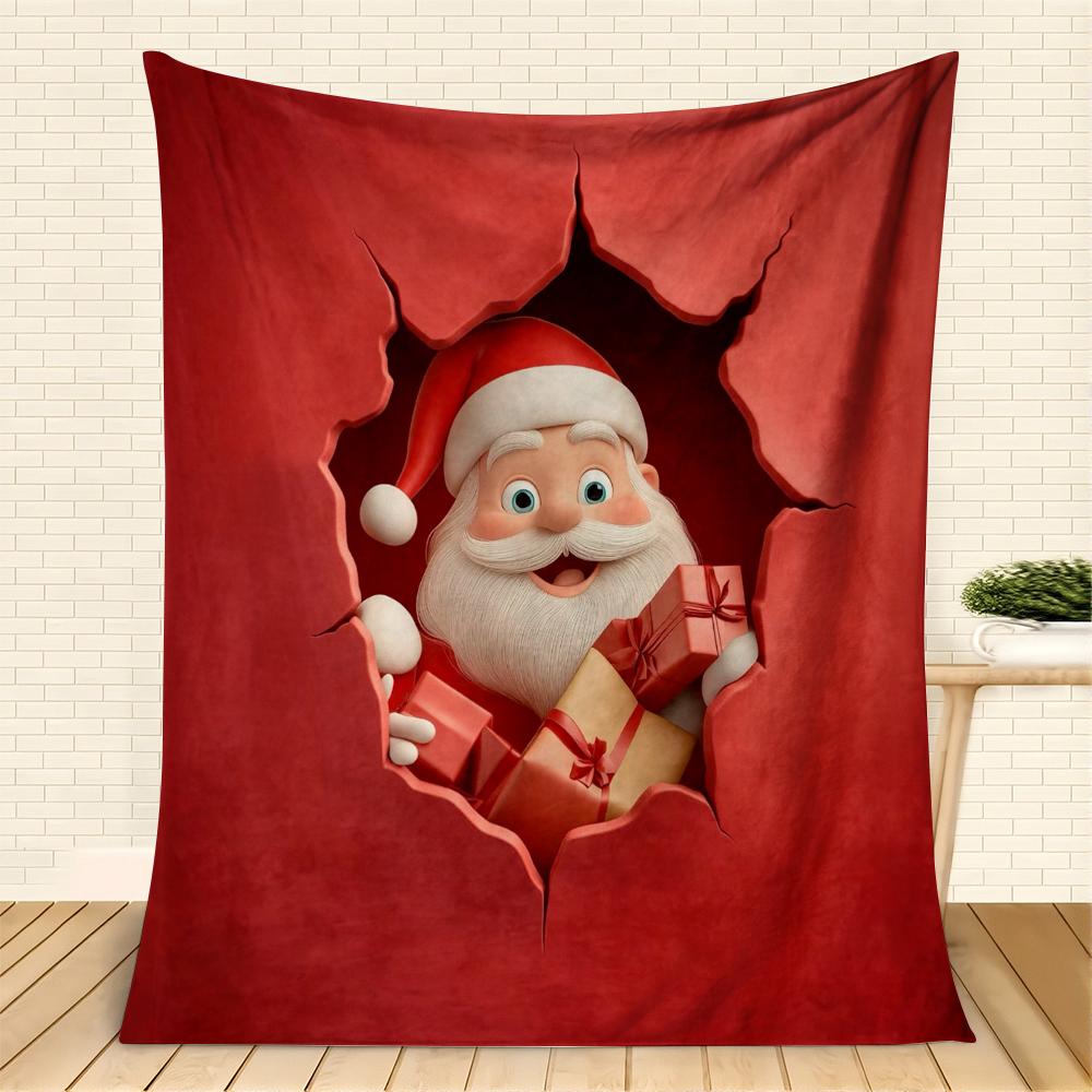 3D Santa Claus Christmas Blanket Festive Red Broken Wall Design Soft Flannel Throw Blanket Xmas Gift for Kids & Adults Travel