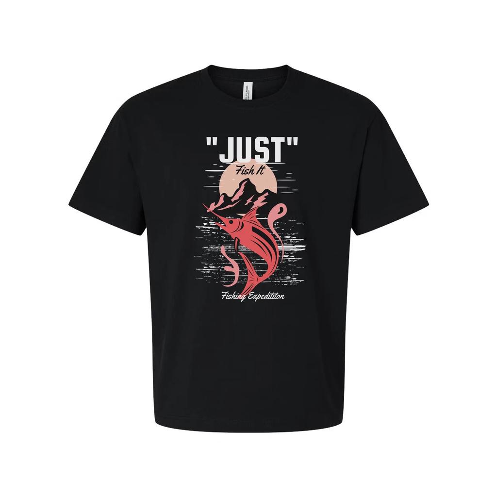 Just Fish It Graphic Unisex T Shirt With Sunset Mountain Marlin Design For Fishi