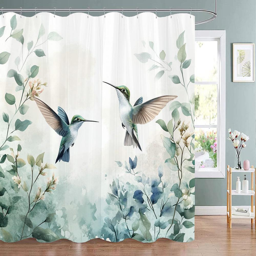 Spring Flowers and Plants Birds Shower Curtain, Bathroom Decorative Shower Curtain, Waterproof Shower Curtain with Hooks