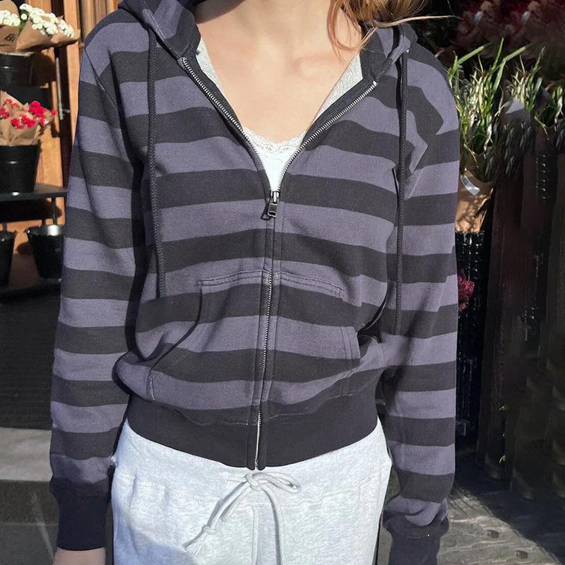 

AltGoth Soft Grunge Gothic Striped Sweatshirt Women Streetwear Harajuku Y2k E-girl Punk Long Sleeve Free Hooded Cardigan Female