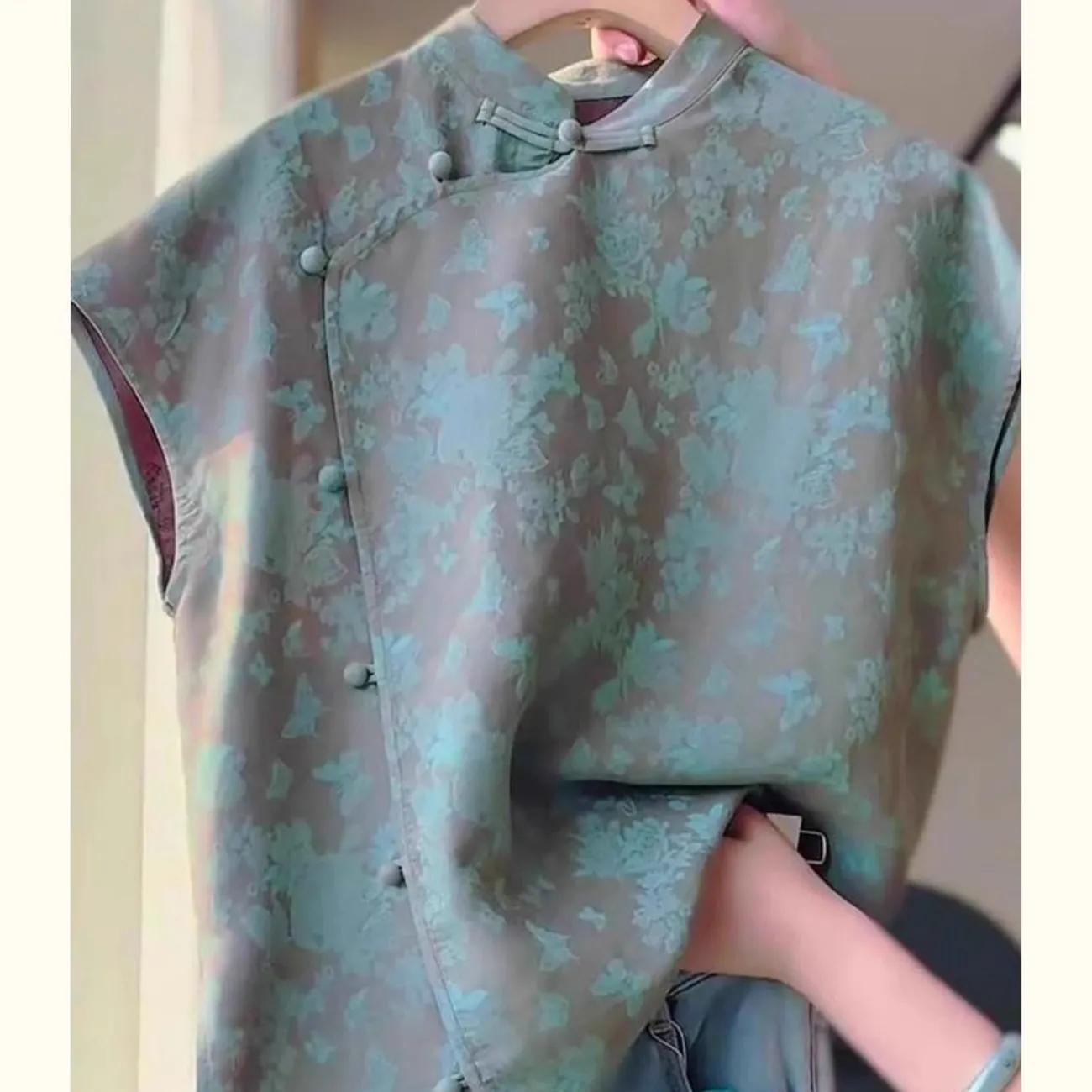 Women s Summer-Style New Chinese-Inspired Sleeveless Blouse with Button Closure, Printed Patchwork Design XXS