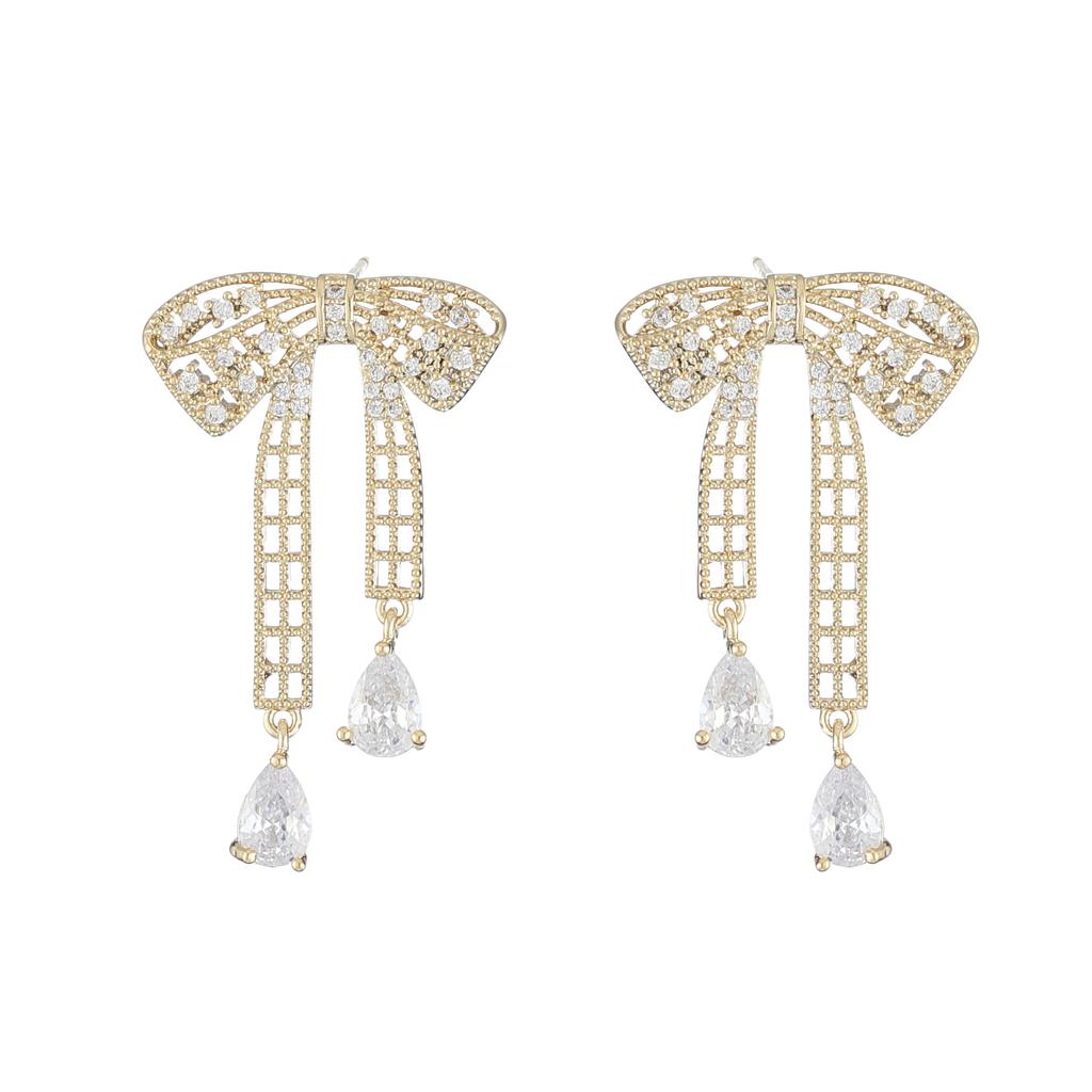 Exquisite Copper Inlaid Zirconium Sweet Bow Earrings 14K Real Gold Plated Women's Prom Party Wedding Earrings Korean Jewelry