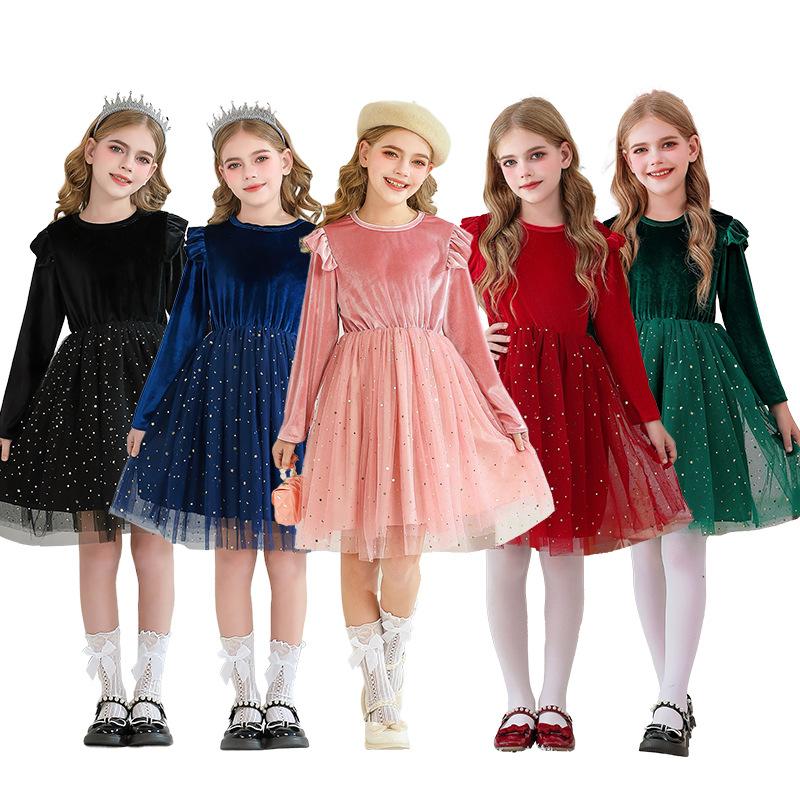Girls Long Sleeve Red New Year Christmas Clothing Star Mesh Dress Princess Dress Performance Clothing Children's Clothing