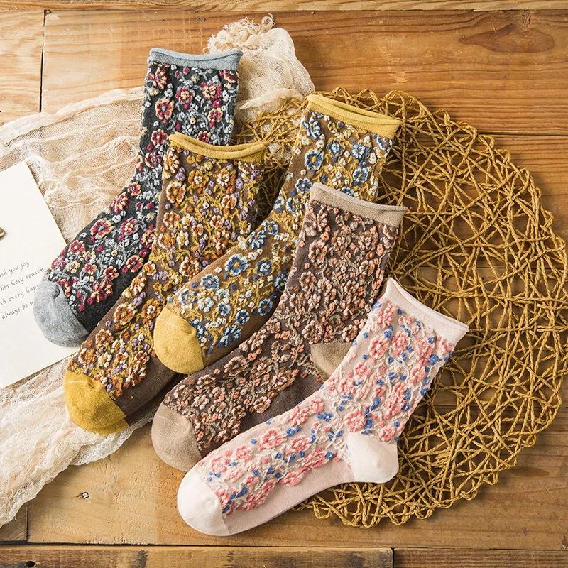 Fashion Cute Korean Style Girls Ladies Casual Crew Socks Colorful Flower Women Cotton for Spring Winter Happy Creative Gifts