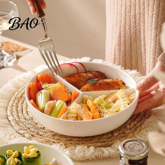 Family Daily Use Dinner Plate Ceramic Steamer with 3 Divided Compartments, Round Dish Portion Control Diet for Food, Rice Meat Vegetable Separator Pot