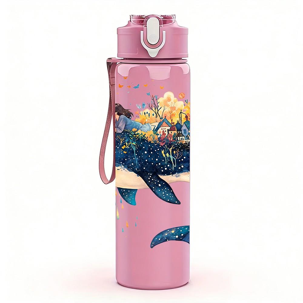 1PC Jumping Whale Ocean Watercolor Art Print 750ml Color Plastic Sports Water Bottle Leakproof Flip Straw Lid Suitable for Sports Office Home Use