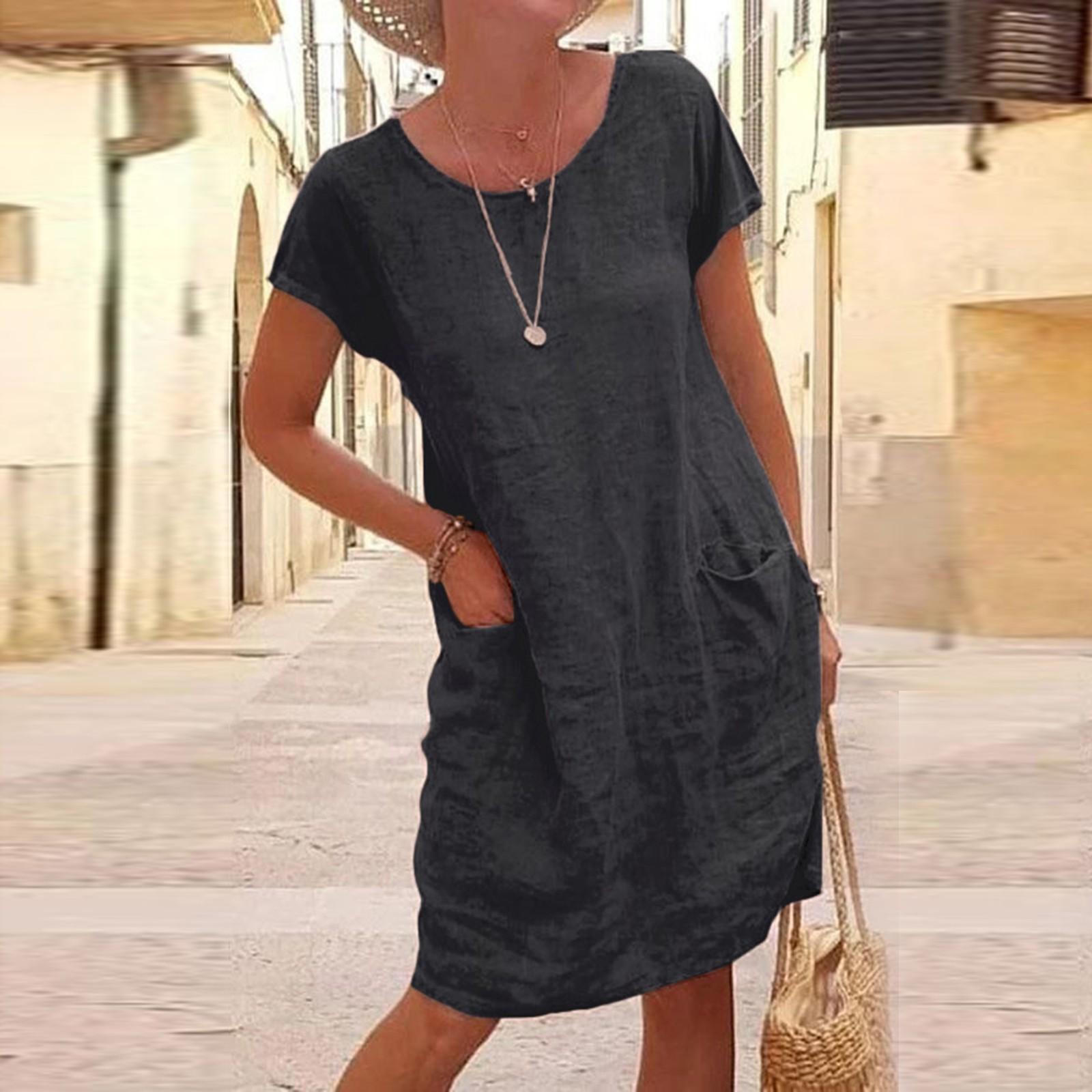 

Женское повседневное платье из хлопка и льна с однотонной строчкой, коротким рукавом, круглым вырезом, большим свободным карманом S чёрный