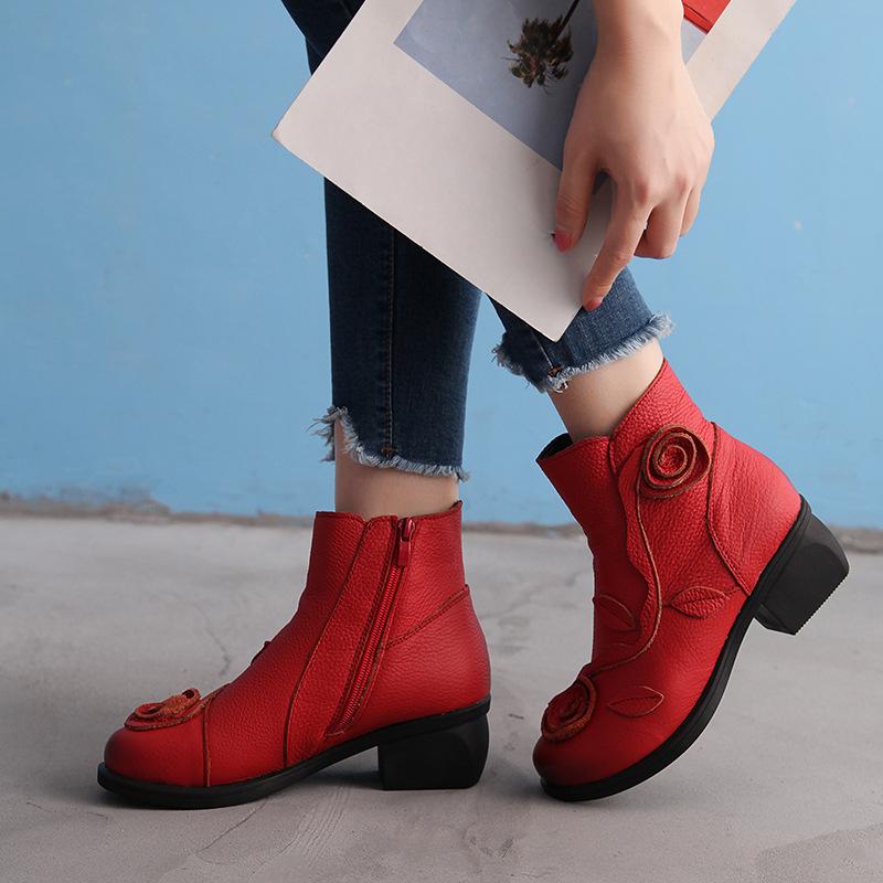 Botas clássicas elegantes de outono e inverno, salto grosso, estilo étnico, salto médio, flores costuradas à mão, antiderrapantes