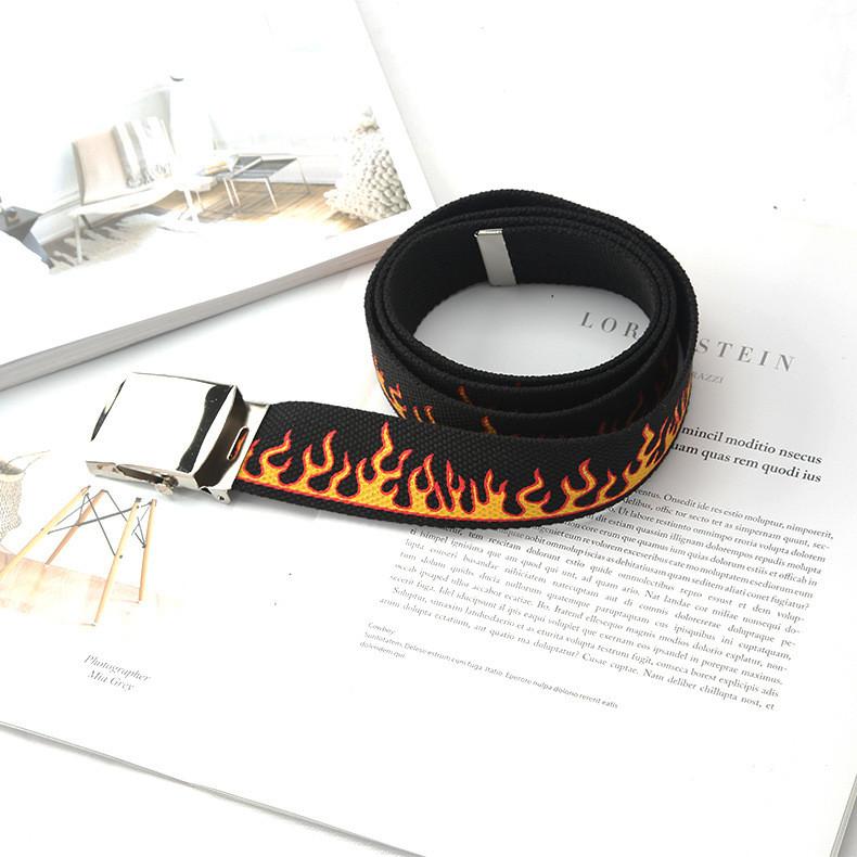 Flame Pattern Fashionable Metal Buckle Decoration Men Casual Woven Belt Canvas