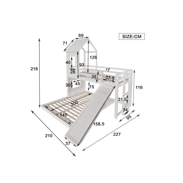 Pat supraetajat - MUVOE - 140x200cm și 90x200cm - cu tobogan - din pin alb - sigur și amuzant