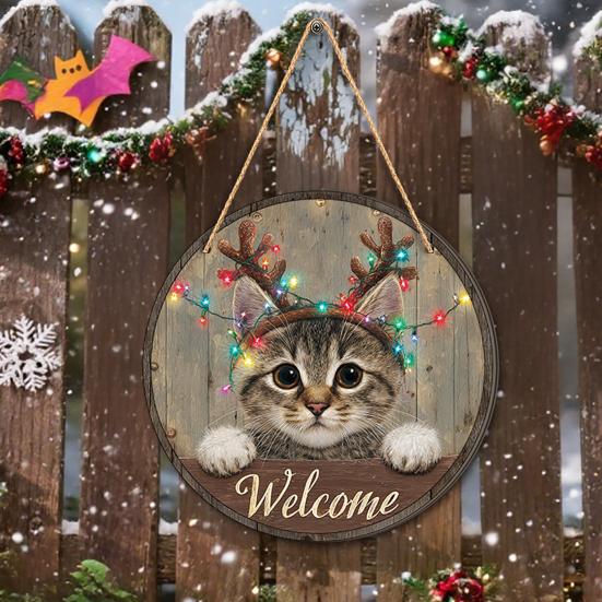 Wooden Door Sign Christmas Welcome Sign, Animal Round Hanging Decor, Cute Wall Art Farmhouse Ornament for Window Garden Holiday Decor Plaque