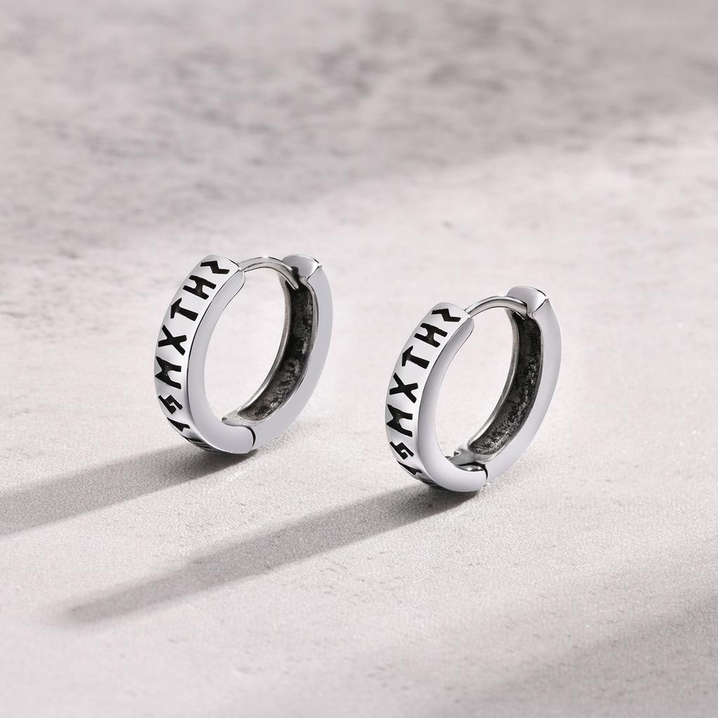 Vnox Viking Runes U Style Earrings for Men, Vintage Silver Color Stainless Steel Hoop Huggie Earrings,Gifts for Him Jewelry
