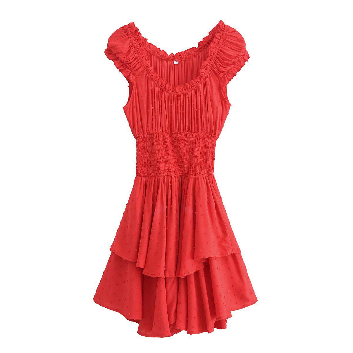 

2025 Весна Женское Европейское и Американское Модное Приталенное Платье с Открытыми Плечами и Многослойной Юбкой Medium красный