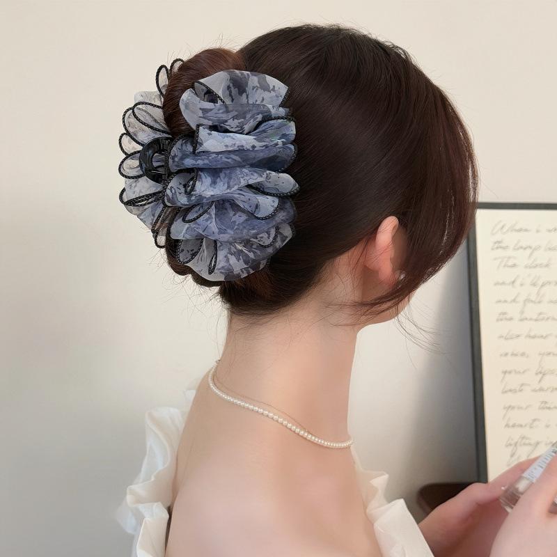 Korean Pleated Print Mesh Hair Claw Clip Women Fashion Elegant Shark Clip Hair Accessory