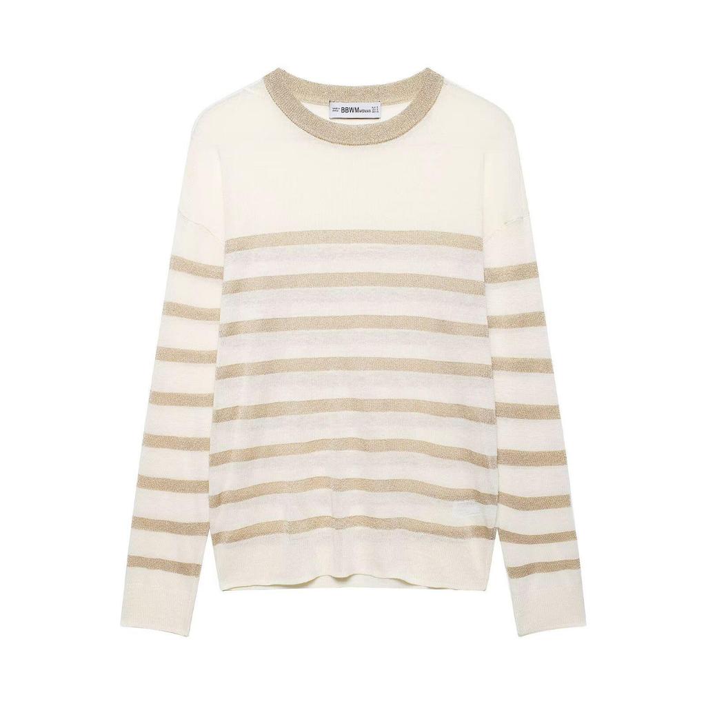 2026 Spring Women's Metallic Thread Knit Striped Sweater - European & American Style, Round Neck, Color 7174