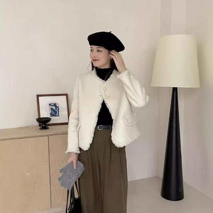 New Autumn Winter Double Sided Short Plaid Wool Coat Collarless Tassel Woolen Coat S