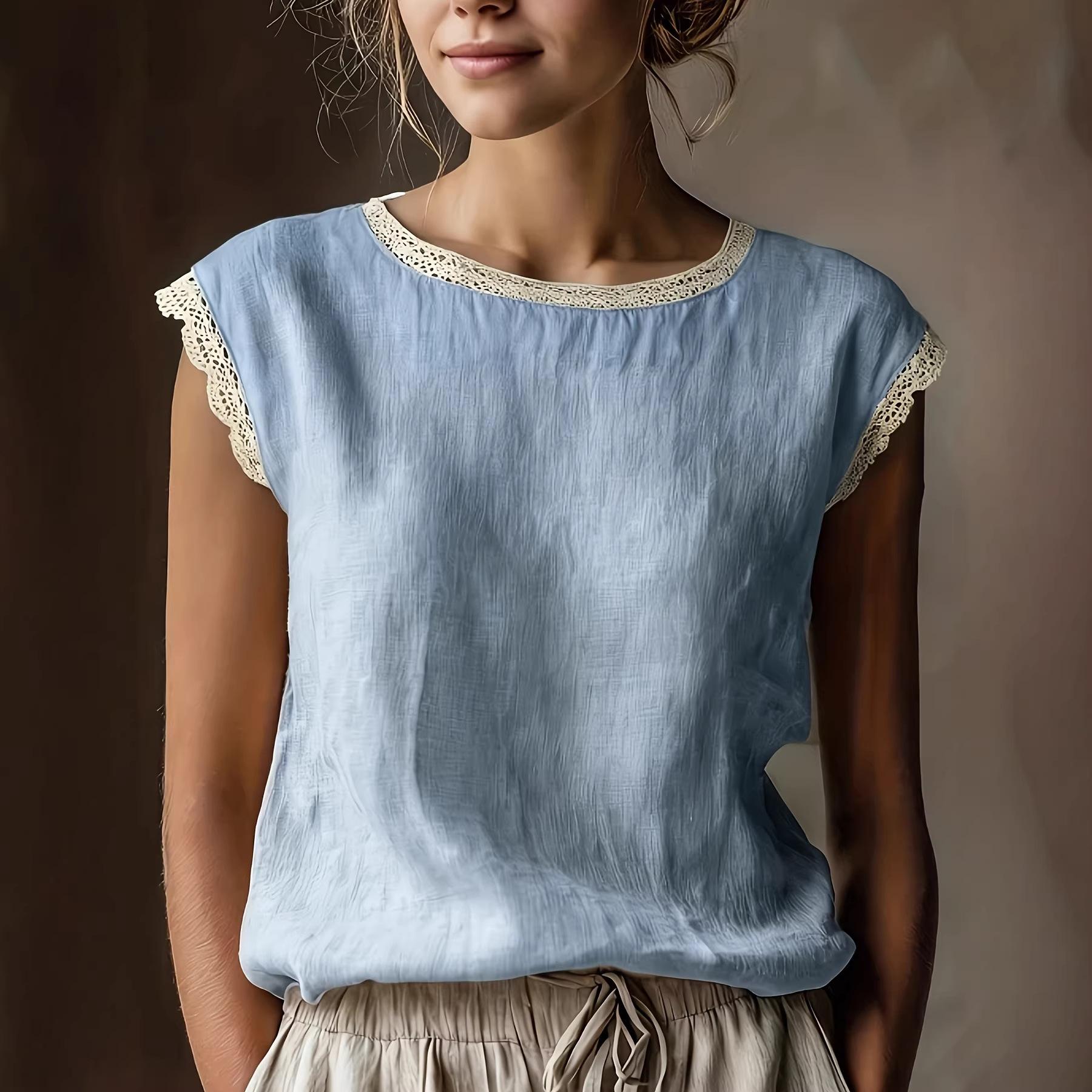 Women Round Neck Sleeveless Loose Sweet Simple Commuting Solid Shirt S