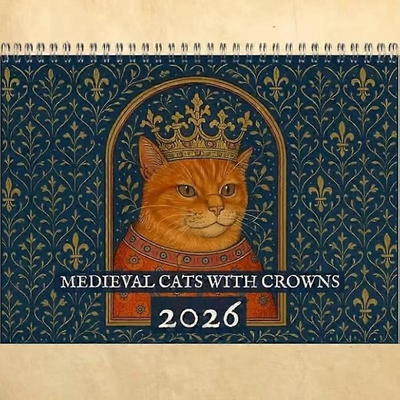 2026 12-Month Medieval Cats Crown Wall Calendar, Royal Feline Art for Home & Office Wall Decoration