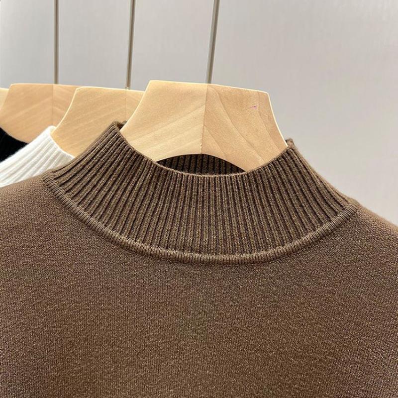 Autumn and Winter Plush Thick Velvet Base Women's Sweaters Long Sleeve Half High Collar Warm Knitted Sweater Ladies Elegant Solid Pullover Tops 24870