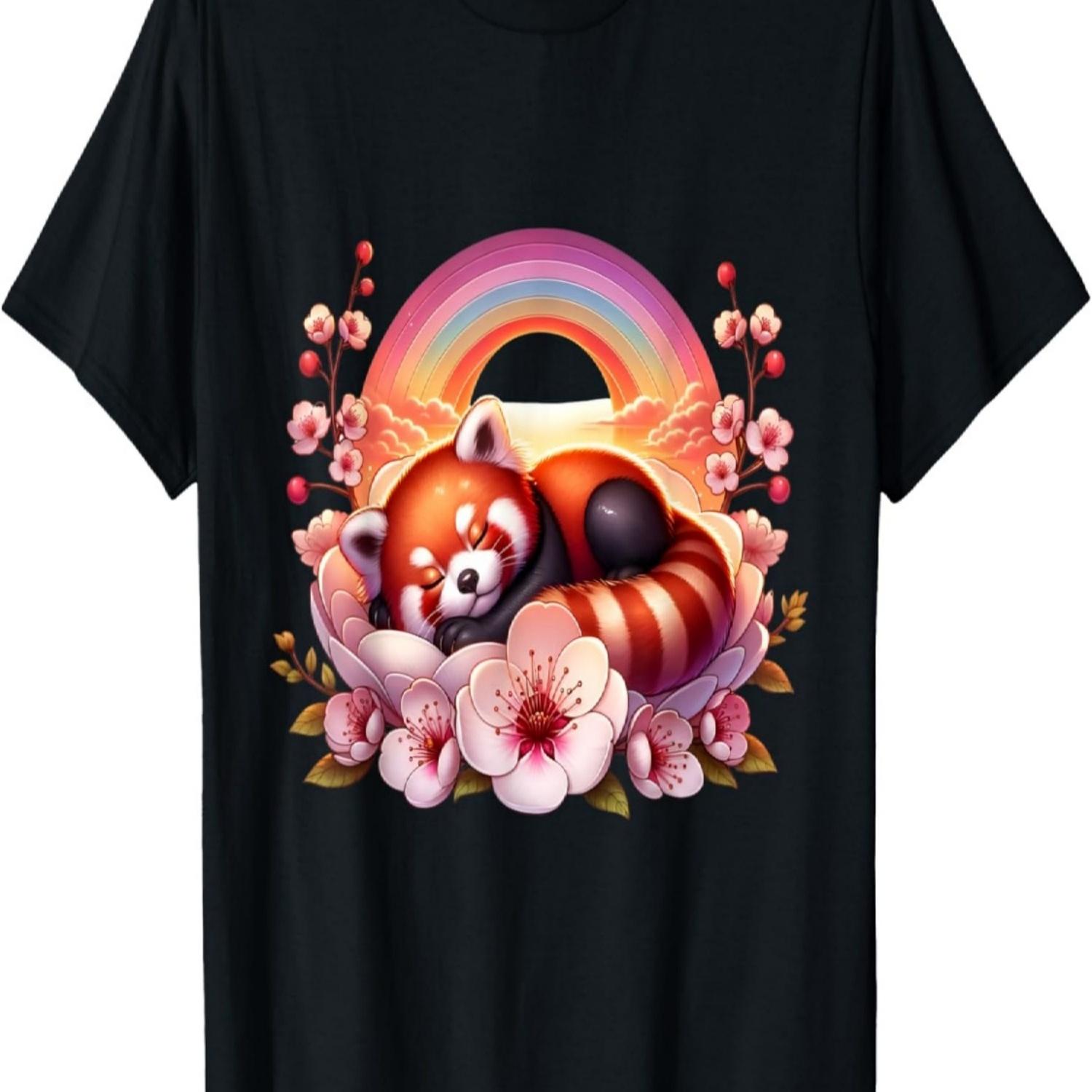 Kawaii Funny Red Panda rainbow  Cherry Blossom T-Shirt S