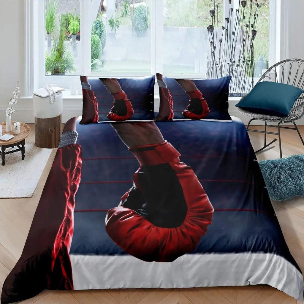 Boxing Bedding Set Red Boxing Gloves Pattern Comforter Cover Sports Theme Duvet Cover Room Pugilism Games Bedding Collection
