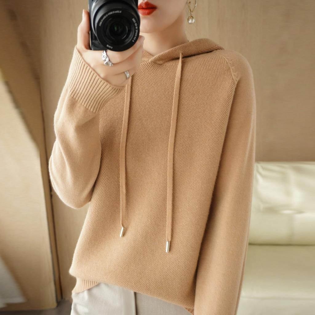 Women's Hooded Long Sleeve Loose Fit Knit Sweatshirt Solid Color Casual Pullover Winter Top