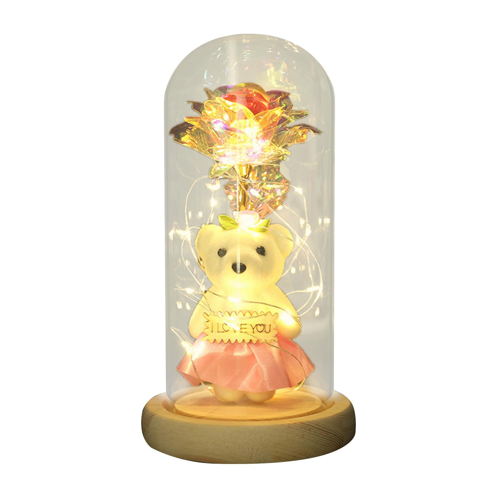 

Подарки на День святого Валентина, рождественские подарки, разноцветный золотой фольгированный цветок-медведь со светодиодными лампами, бессмертный розовый медведь, стеклянная крышка, светодиодная подарочная коробка