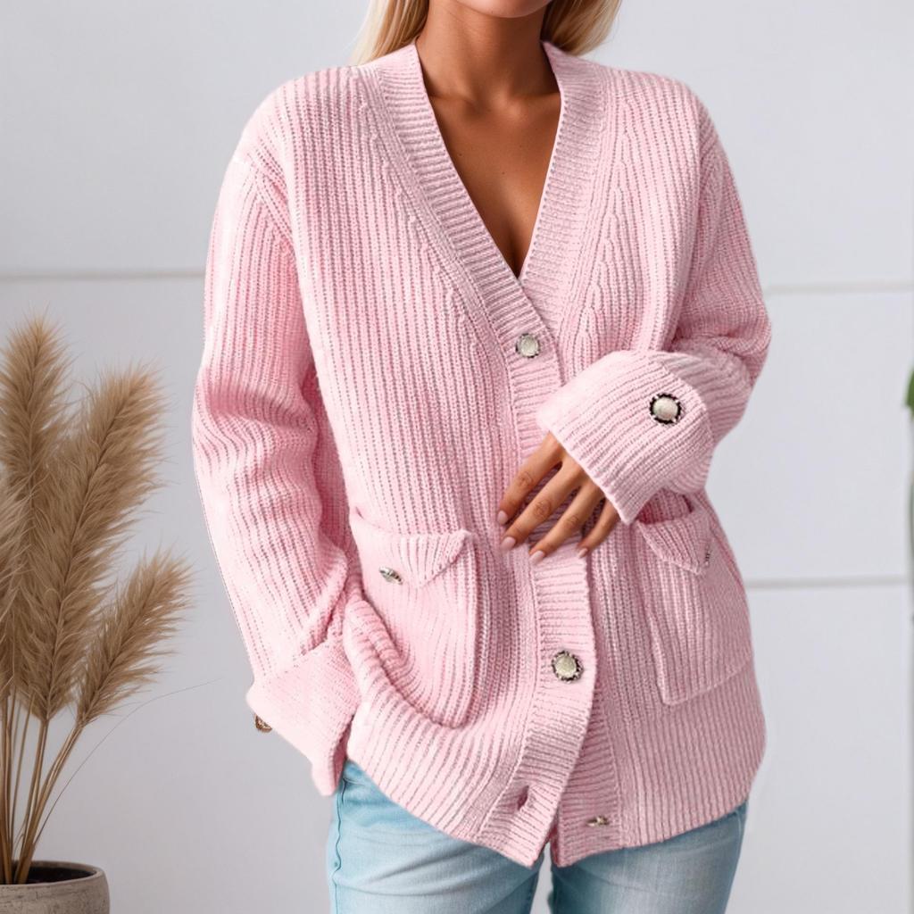 2025 Autumn/Winter Women's Long Sleeve V-neck Solid Color Knit Cardigan Sweater with Pockets
