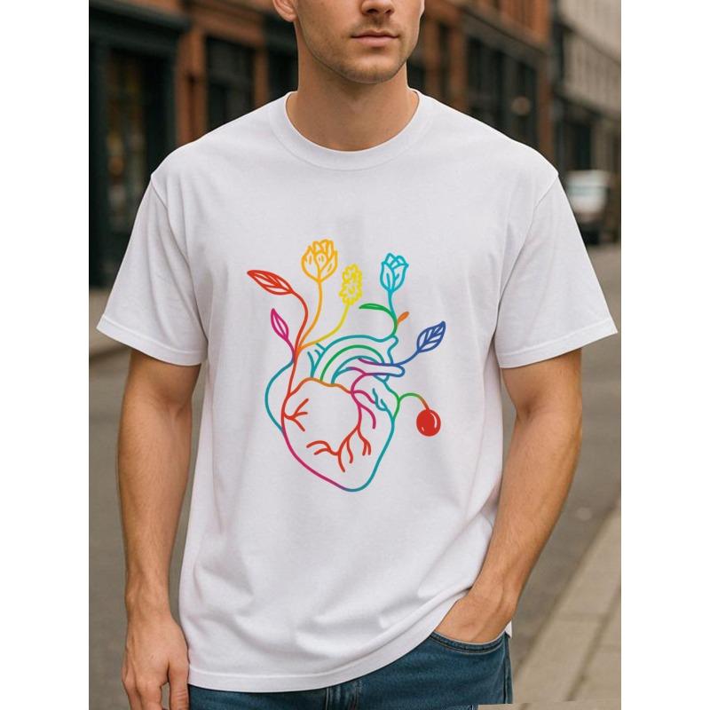 Rainbow Heart Garden, Love Is the Unity of Body and Spirit. Men's Printed Short-sleeved Shirts, Loose Round-neck Comfortable and Unique T-shirts