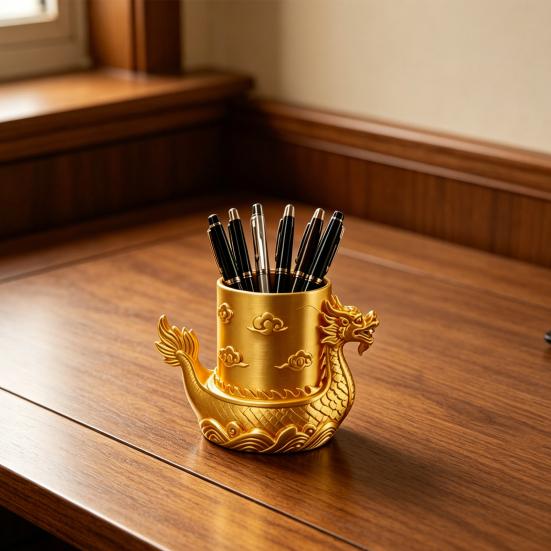 3D Printed Golden Dragon Boat Pen Holder, Chinese Traditional Desk Organizer with Dragon Cloud Wave Relief, Matte Gold Storage Pot for Stationery