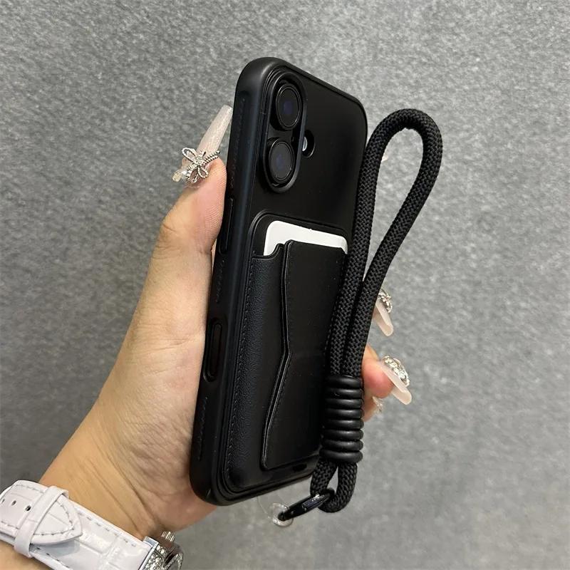Moda Cüzdan Kredi Kartı Yuvası Arkasında Kordonlu Kapak iPhone 17 Air 13 Pro Max 12 11 Xr 14 15 16 Pro Max İçin PU Deri Kılıf