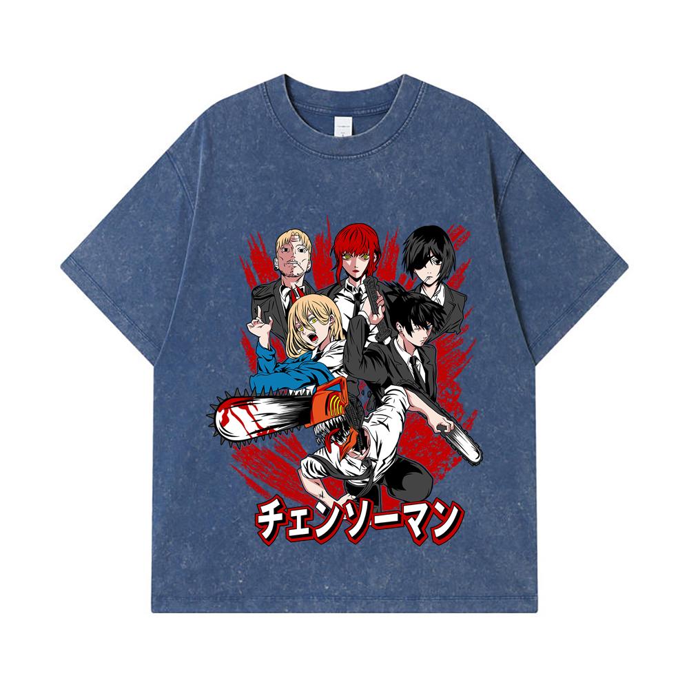 275 GSM Washed T-shirts 100% Cotton Chainsaw Man V19 Print Unisex Heavy Cotton T Shirt