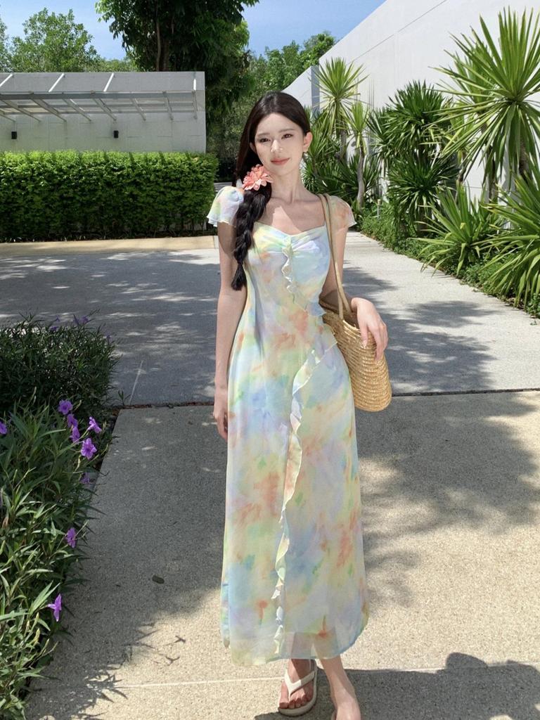 French Chiffon Flutter-Sleeve Slimming Fairy Dress