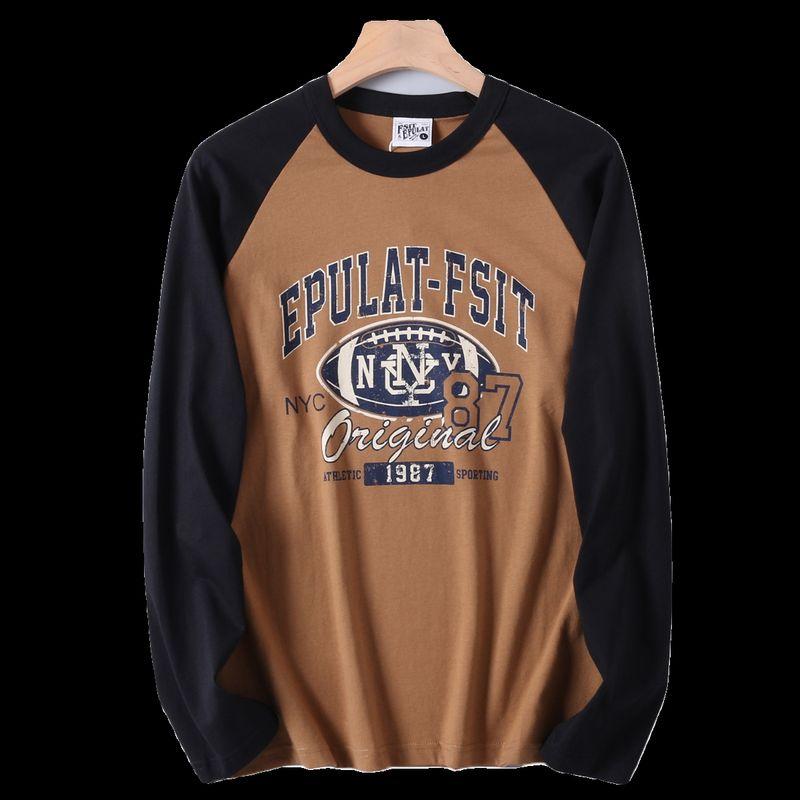 Men's Autumn Sports Casual Washed Cotton Long-Sleeve T-Shirt with Color-Blocking and Raglan Sleeves, Export Surplus