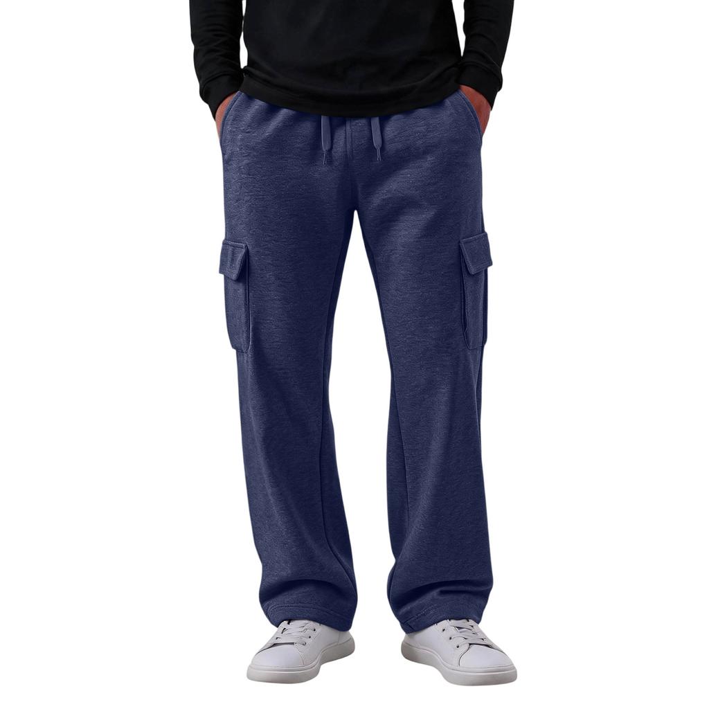 Men's Casual Cargo Pants with 4 Pockets, Elastic Waist with Drawstring, Loose Fit Straight Leg Pants for Everyday Wear
