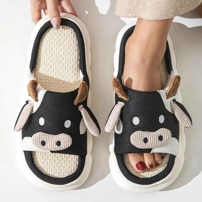 Fashion Women Cute Cartoon Cow Linen Slippers Spring Anti-slip Slides Couples Home Non-slip Flip Flops Casual Slip on Platform Slippers
