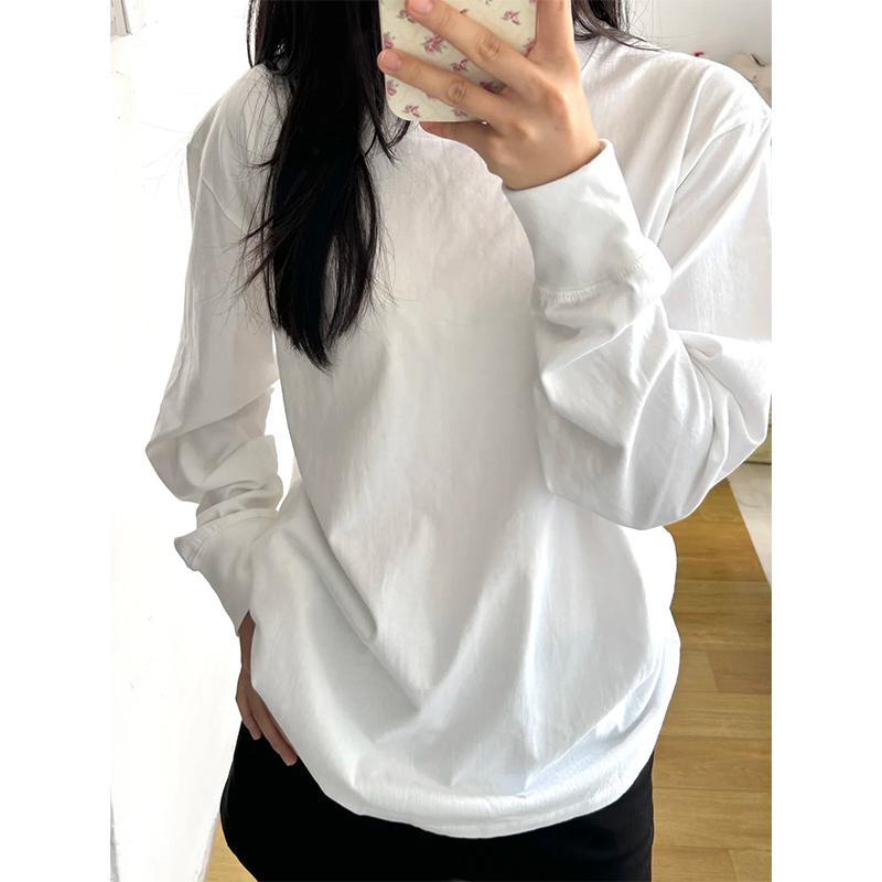 Women's Round Neck Long Sleeve Loose T-Shirt - White, Basic Layer, Japanese Korean Style, Casual Wear for Spring, Autumn, Winter. Free Shipping.
