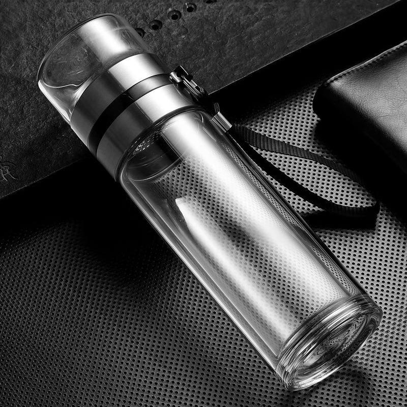 Men's Portable Double-Layer High Borosilicate Glass Cup with Custom Logo and Rope Handle