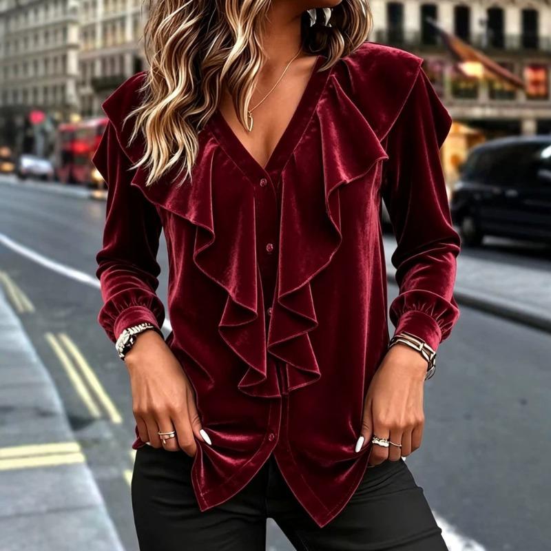 MGHR Damenmode Casual Herbst Winter Langarm V-Ausschnitt Blusen & Hemden