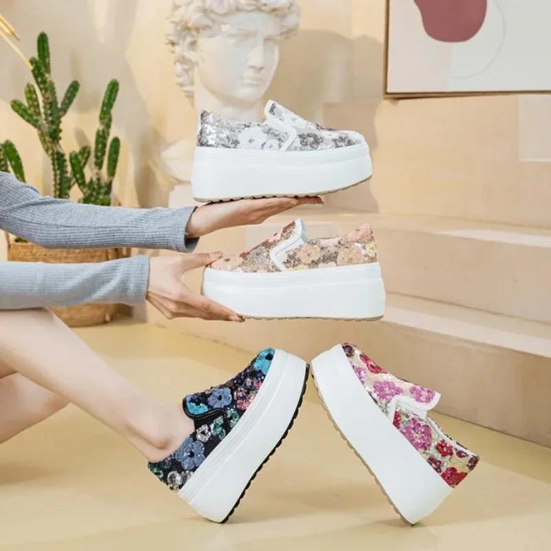 Fashion High Quality 8cm Synthetic Platform Wedge Flats Shoes Chunky Sneaker Casual Bling Leather Comfy High Brand Spring Autumn Shoes