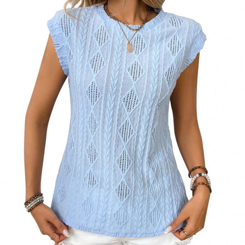 2026 Summer New Women's Round Neck Jacquard Short Sleeve Loose Solid Color T-Shirt