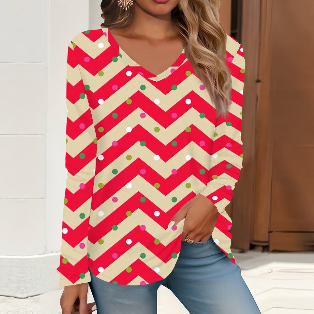 

2023 весна и осень новая мода с длинным рукавом повседневная футболка с v-образным вырезом и принтом