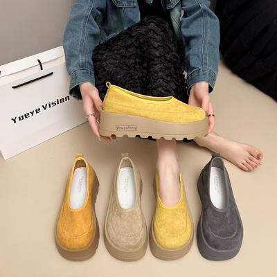 Fashion 2025 New Suede Platform Shallow Woman Shoes Yellow Loafers Spring Woman Fashion Shoes Concise Chunky Heel Shoes Woman
