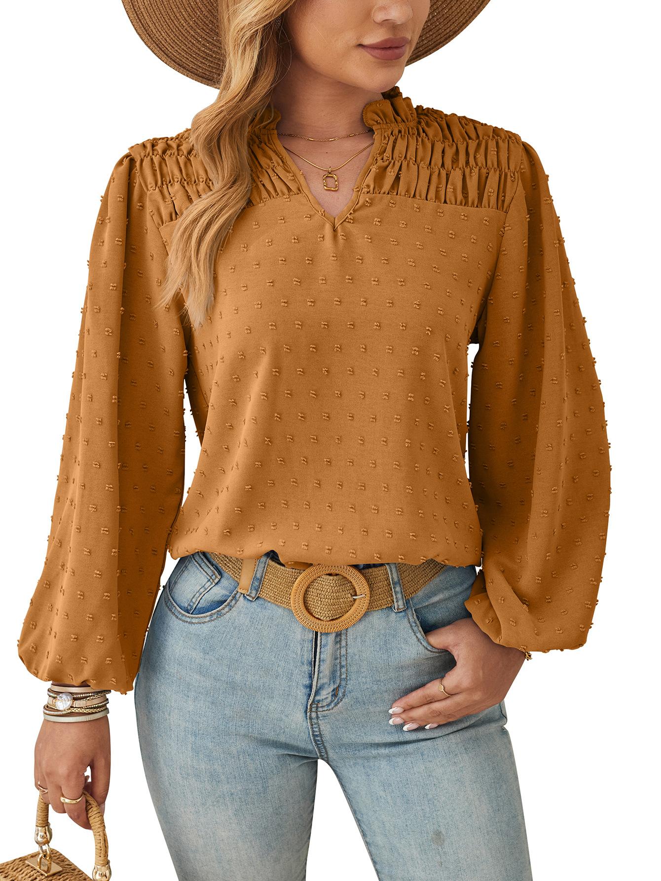 

Весенне-осенняя женская плиссированная жаккардовая рубашка с длинным рукавом с v-образным вырезом XXL