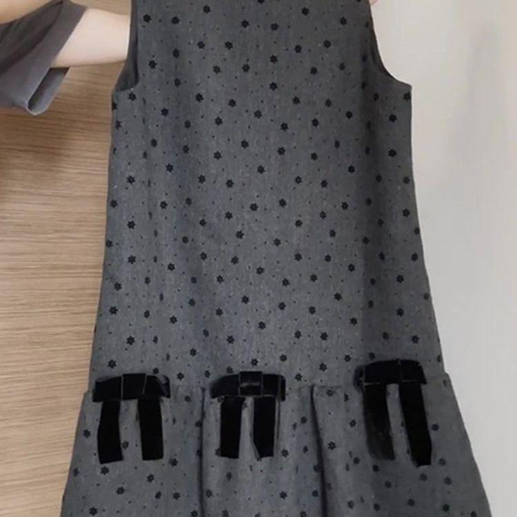 Gray Polka Dot Vest Dress - Women's Autumn/Winter Miu Style, Sleeveless with Bow and Layered Design