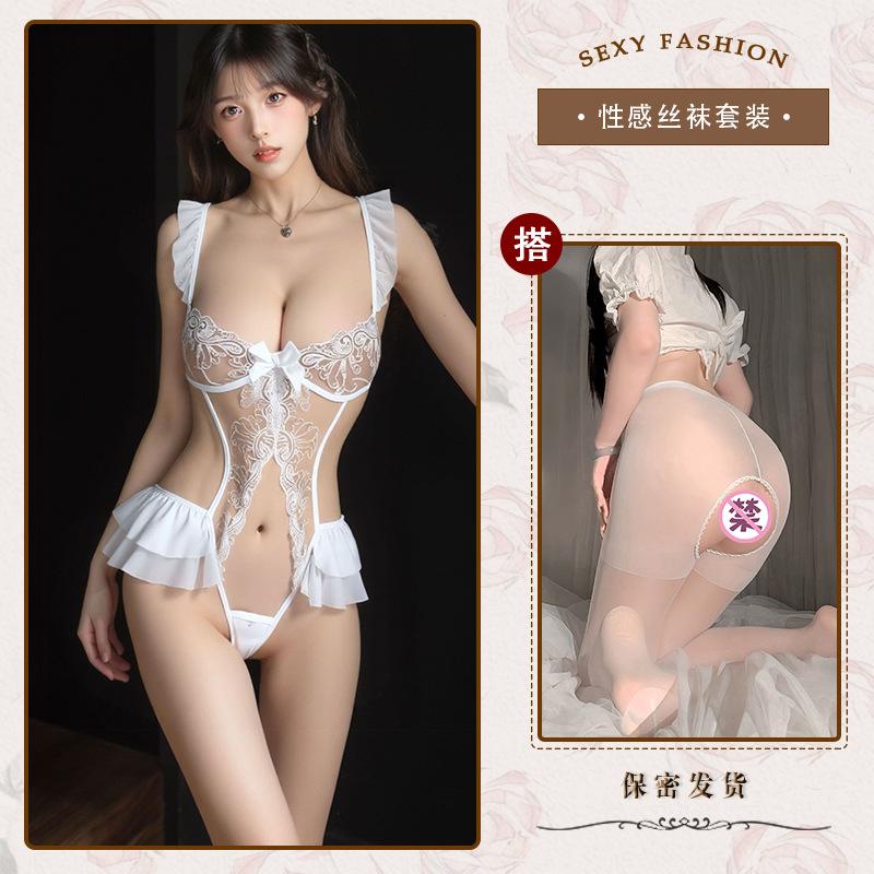Sexy underwear Sexy lace one-piece suspender pajamas Hollow open crotch Hot robe Small breasts gather uniform free